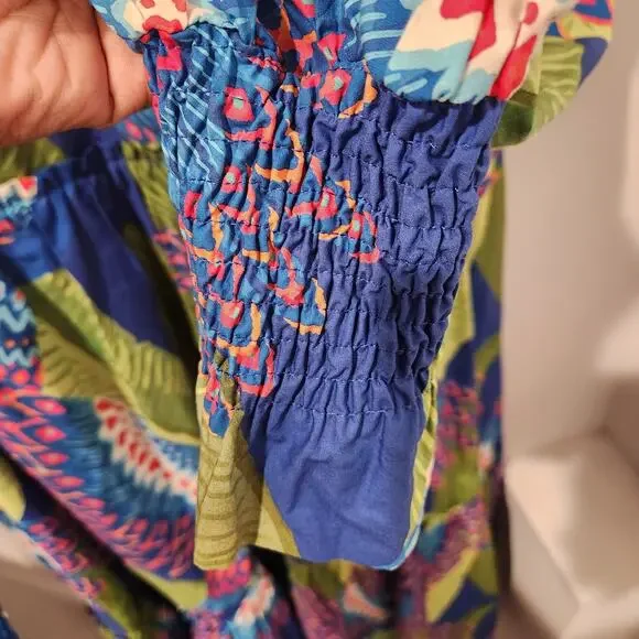 Farm Rio Macaw cotton long-sleeve blue midi dress size XS